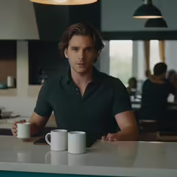 a man is sitting at a bar with two coffee cups