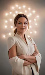 a young woman poses in front of a lighted backdrop