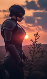 a woman in an armor standing in front of the sun