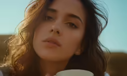 a woman in a white sweater holding a white coffee mug
