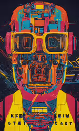 an image of a person with glasses and a weird style artwork,a poster with some type of design on it