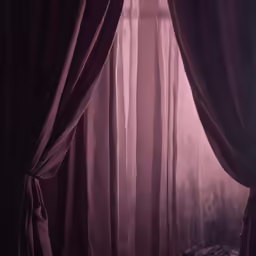 purple sheer curtains hang in front of a window