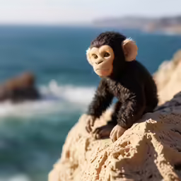 a little monkey perched on top of a rock by the ocean