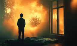 a man looks out an open window at a huge explosion in the background