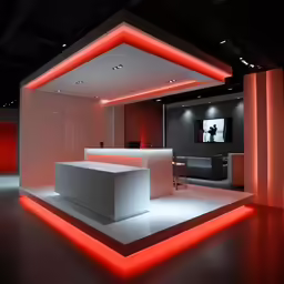a room with lots of furniture and red lighting