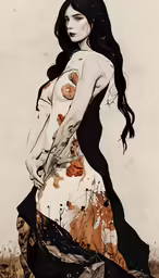drawing of woman wearing floral dress holding a flower in her hand