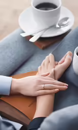 a woman with her hands folded in prayer near coffee