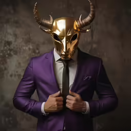 a man wearing a gold mask while standing in a suit