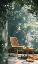 a wicker chair next to a stool in the outdoors