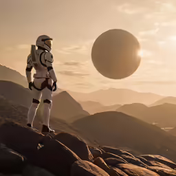 a person dressed in a space suit standing on top of rocks