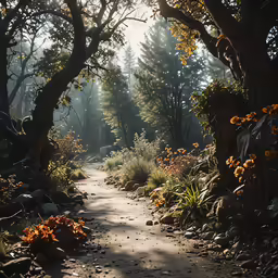 a dirt path through a wooded, wooded area