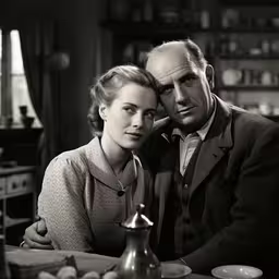 a man and a woman are sitting at a table,a man and woman posing for a black and white photo