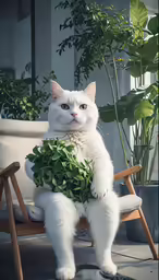 a cat is sitting on a couch with a bunch of plant