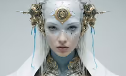 the woman is wearing an unusual headpiece
