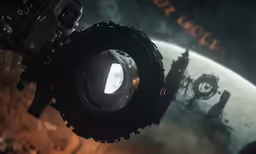 a camera lens in front of an image of a clock tower