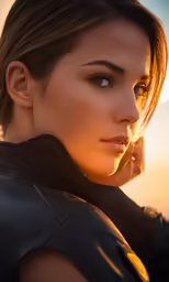 the woman is wearing a leather jacket while looking back