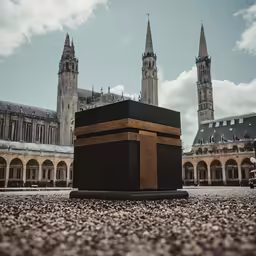 a statue stands in front of a large cathedral