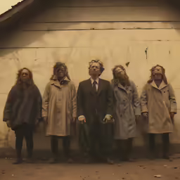 a group of people stand in front of a wall wearing hats and coats
