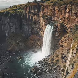 a waterfall flowing over rocks into a river