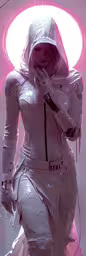 an artist rendering of a futuristic woman with sci technology gear,an artistic looking photo of a woman dressed in white