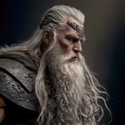 a close up of a man with white hair and a crown