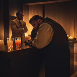 the man is sitting at a bar in front of many candles