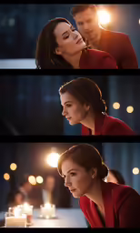 three pictures of a young woman and man next to a candle