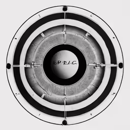 a white and black circle with letters on it
