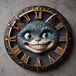 a clock with a cat face on it, and words around the clock