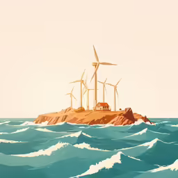 there is a small island with some windmills