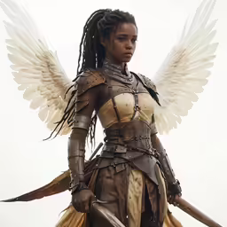 a woman dressed as a knight with two wings and weapons