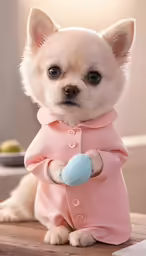 the small chihuahua puppy in a pink outfit is holding a blue ball