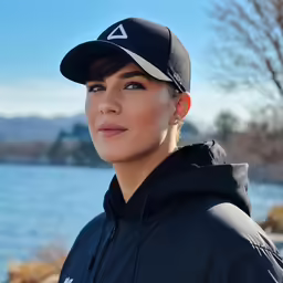 a woman in a baseball cap next to a body of water