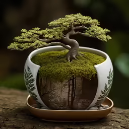 a white and brown bonsaile sitting on top of a tree stump