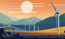 an illustrated landscape of wind mills with sunset,a colorful painting of wind turbines in the sunset