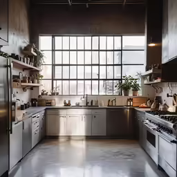 the large open kitchen features stainless steel appliances and modern cabinets
