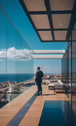 man standing in front of window looking over a city