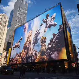 an outdoor billboard with giant artwork of two dogs on the front