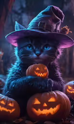 a cat is sitting on the ground with pumpkins in its hands