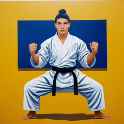 a painting of a man in karate stance with black belt