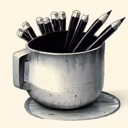 the pencils are in a cup, sitting on top of the plate