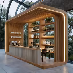 an exhibit of a kitchen with a countertop and an area for eating