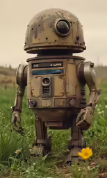 a robot that is in the grass with flowers