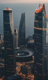 the lights of skyscrapers shine on a cityscape