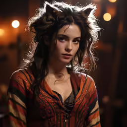 a young woman with large wavy hair looking off in a darkened room
