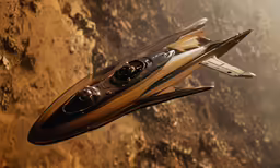 a space shuttle flying through the sky near a rocky ground