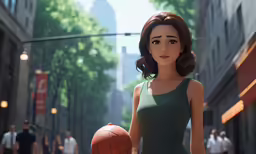 a female animated figure holding a basketball ball