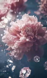 a pink flower surrounded by water drops and diamonds