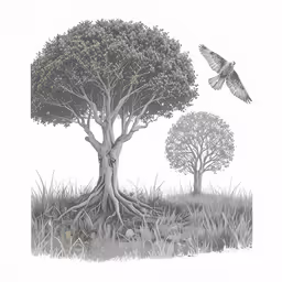 a tree and an owl in front of them