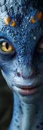 the creature with big eyes looks at the camera,a very pretty looking alien with big eyes